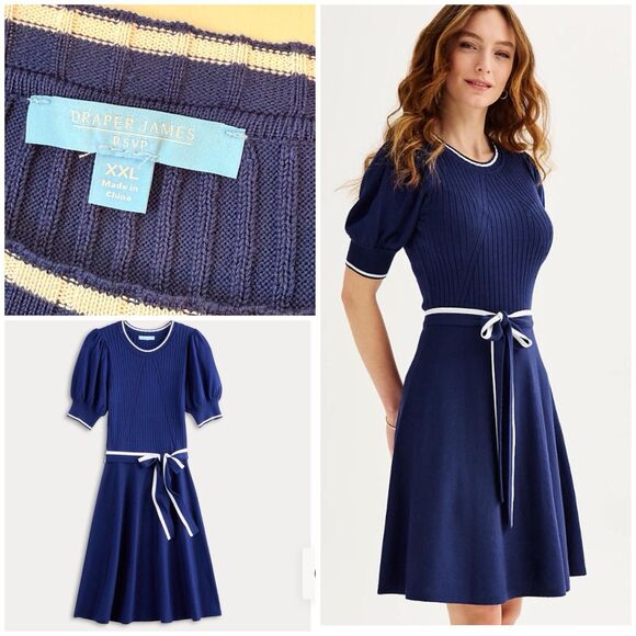 Draper James Dresses & Skirts - Women's Draper James Belted Elbow Sleeve Sweater Dress 2XL Blue /White Midi New